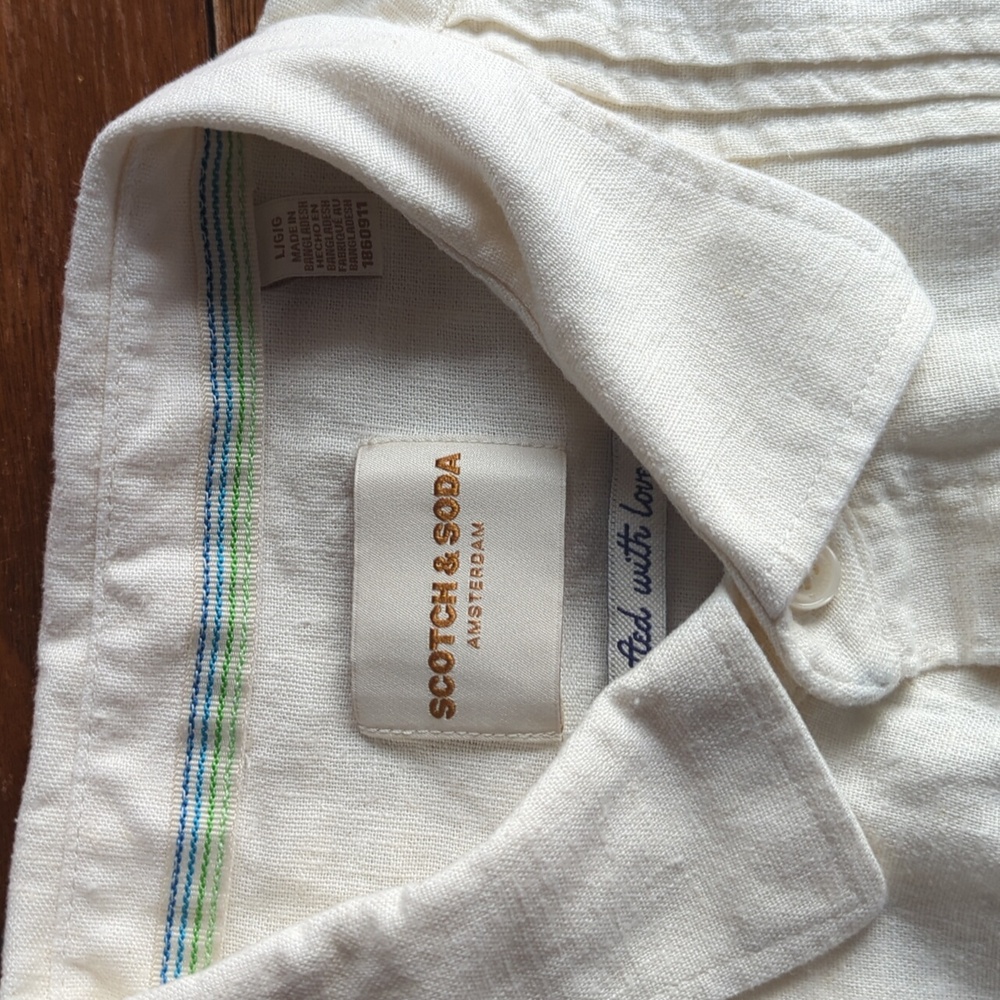 Scotch & Soda Men's Textured Linen Blend Cream Short Sleeve Button Down Shirt, L - Picture 5 of 10